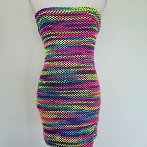 NWT WOW COUTURE Strapless Neon Multi-Color Knit Bodycon Mini Dress Size Medium